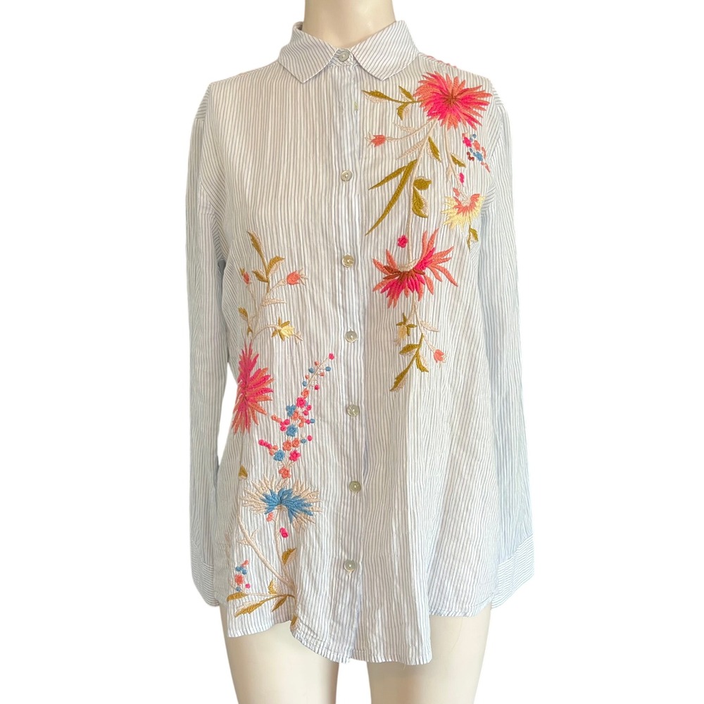 Johnny Was Blue White Pinstripe Dragon Floral Embroidered Button Down Shirt S